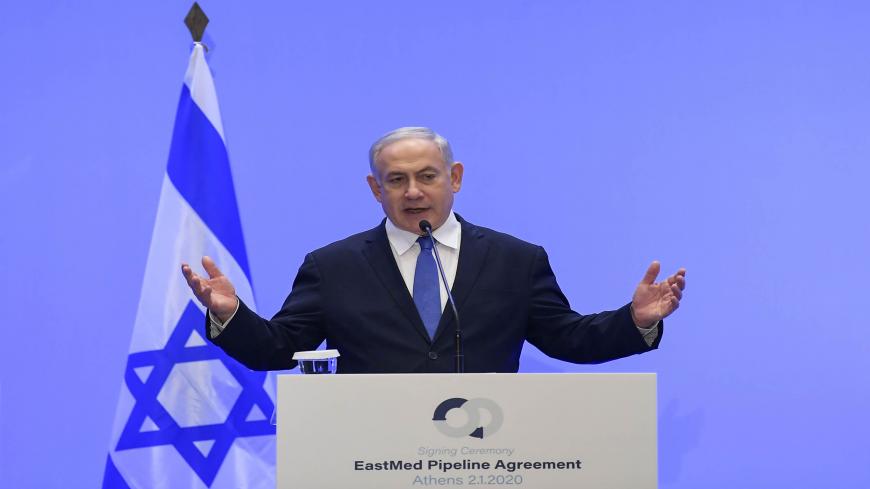 Israel's Prime Minister Benjamin Netanyahu speaks during a press conference in Athens on January 2, 2020 following  the signing ceremony of an agreement for the EastMed pipeline project designed to ship gas from the eastern Mediterranean to Europe in Athens on January 2, 2020. (Photo by ARIS MESSINIS / AFP) (Photo by ARIS MESSINIS/AFP via Getty Images)