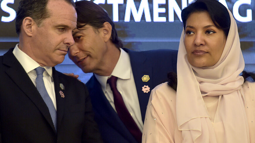 Brett McGurk, US National Security Council coordinator for the Middle East and North Africa, listens to Amos Hochstein, the US Senior Advisor for Energy Security, as Princess Reema bint Bandar bin Sultan bin Abdulaziz al-Saud, Saudi ambassador to the US, looks on during an investment agreement signing ceremony between the US and Saudi Arabia in the Red Sea coastal city of Jeddah on July 16, 2022. (Photo by Amer HILABI / AFP) (Photo by AMER HILABI/AFP via Getty Images)