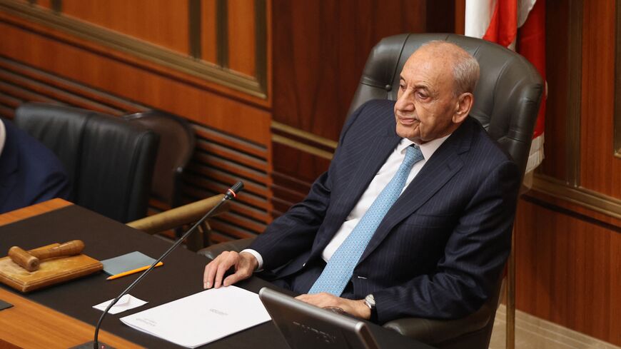 Lebanese Parliament Speaker Nabih Berri heads the 12th parliamentary session to elect a new president in the capital Beirut's downtown district on June 14, 2023 amid bitter divisions between the powerful Iran-backed Hezbollah and its opponents. Lawmakers in crisis-hit Lebanon failed for a 12th time to elect a new president, with bitter divisions between the powerful Iran-backed Hezbollah and its opponents marring the vote. (Photo by ANWAR AMRO / AFP) (Photo by ANWAR AMRO/AFP via Getty Images)