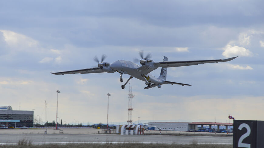 A B model of Bayraktar AKINCI TİHA (Assault Unmanned Aerial Vehicle) in the sky on March 2, 2022, in Corlu, Turkey.