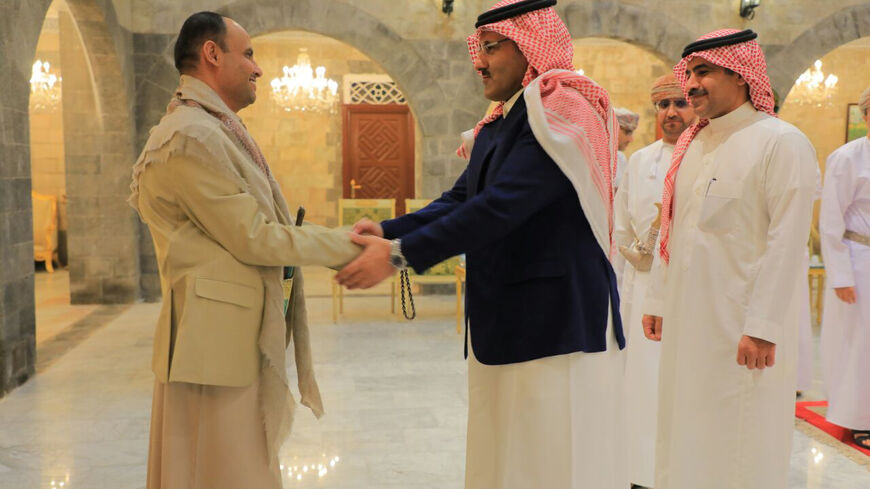 A handout photo released by Yemen's Houthis-run Saba News Agency shows the Omani and Saudi delegations in meeting Houthi officials, on April 09, 2023 in Sana'a, Yemen. A delegation from Saudi Arabia and Omani mediators arrived in Yemen's capital Sana'a on Sunday to negotiate a new truce with the Iran-allied Houthi group, as Riyadh seeks a way out of the war and create peace in Yemen. This important political move comes as Diplomatic efforts to resolve the conflict have multiplied since the Yemeni government