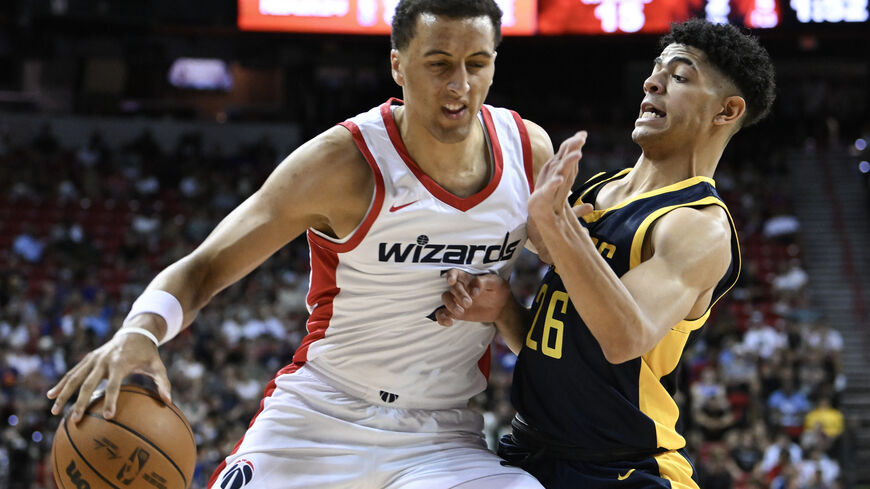 Patrick Baldwin #7 of Washington Wizards is defended by Ben Sheppard #26 of Indiana Pacers during the first quarter of a 2023 NBA Summer League game at the Thomas & Mack Center on July 08, 2023 in Las Vegas, Nevada. NOTE TO USER: User expressly acknowledges and agrees that, by downloading and or using this photograph, User is consenting to the terms and conditions of the Getty Images License Agreement. (Photo by Candice Ward/Getty Images)