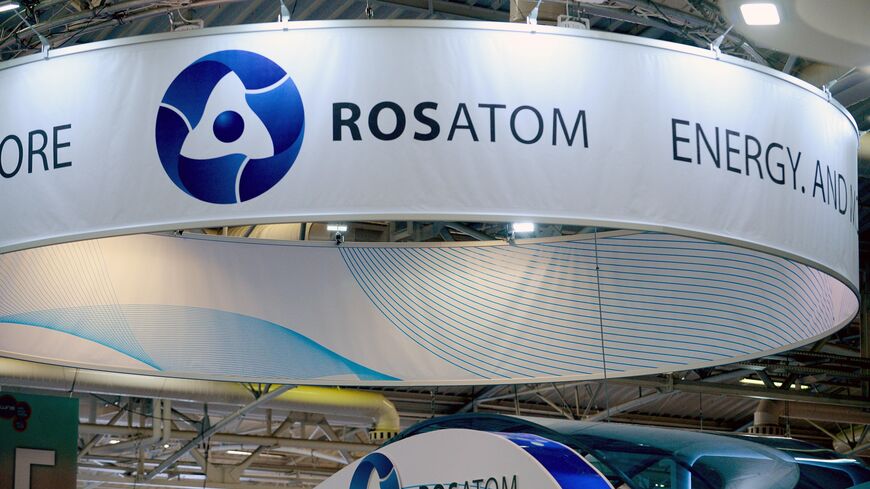 A picture taken on June 28, 2016 shows the logo of Russian atomic energy agency Rosatom during the World Nuclear Exhibition in Le Bourget, near Paris. / AFP / ERIC PIERMONT (Photo credit should read ERIC PIERMONT/AFP via Getty Images)
